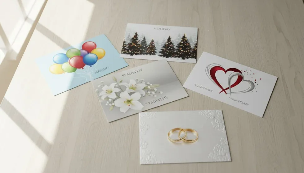 Five greeting cards for birthdays, holidays, sympathy, weddings, and anniversaries on a light wooden table