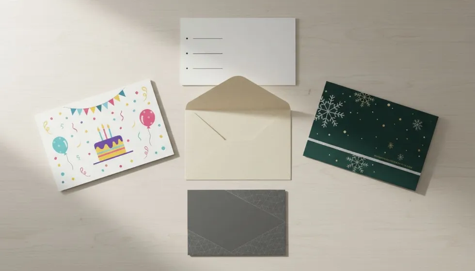 Three greeting cards, open envelope, and blank checklist on wooden desk