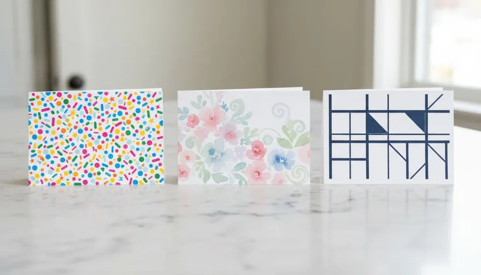 Three greeting cards side by side on white marble: multicolored confetti celebration, pastel watercolor sympathy, navy geometric business