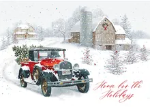 Classic Red Truck Bringing Home the Tree — winter scene greeting card, personalized by Best Holiday Cards
