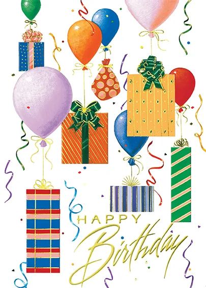 Floating Birthday Gifts — Birthday Greeting Card — personalized business greeting card from Best Holiday Cards