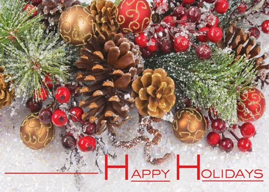 Frosty Baubles and Evergreen — Pinecones & Holly Holiday Card — personalized business greeting card from Best Holiday Cards