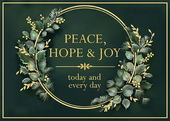 Green Wreath for Peace — Peace, Hope & Joy — personalized business greeting card from Best Holiday Cards