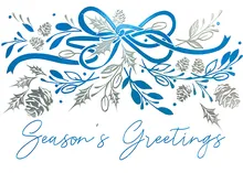 Silver Leaves and Blue Foil Ribbons — holiday greenery greeting card, personalized by Best Holiday Cards
