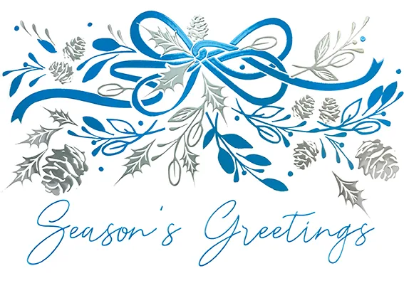 Silver Leaves and Blue Foil Ribbons — Holiday Greeting Card — personalized business greeting card from Best Holiday Cards