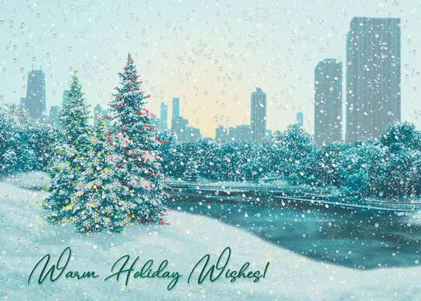 Snowy Day in the Park — Chicago Winter Skyline — personalized business greeting card from Best Holiday Cards
