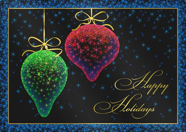 Twinkling Ornament Duo — Christmas Ornaments Greeting Card — personalized business greeting card from Best Holiday Cards