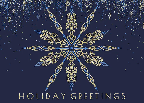 Navy and gold corporate holiday card reading Holiday Greetings