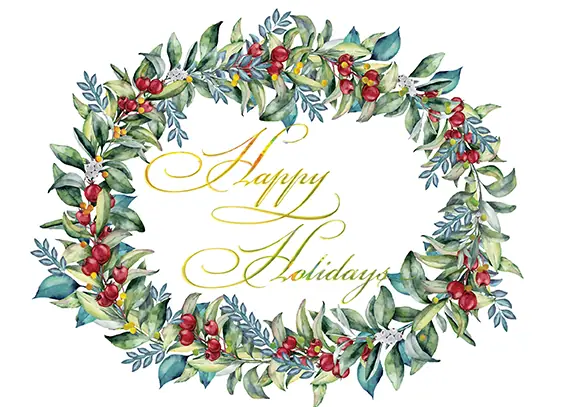 Watercolor wreath holiday card reading Happy Holidays